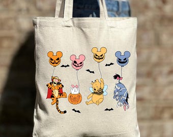 Winnie The Pooh Halloween Tote Bag, Pooh and Friends Balloons Halloween Trip Tote Bag,  Pooh Bear Trick Or Treat Party Gift For Kid