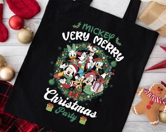 Bolsa de tela Mickey Very Merry Christmas Party, bolsa de tela Minnie Mickey, bolsa de tela navideña de Mickey y Minnie, bolsa de tela de regalo navideña de Disney
