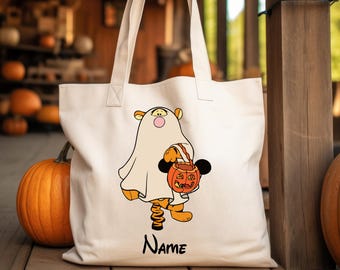 Custom Pooh Bear Ghost Bag, Winnie The Pooh Halloween Characters Tote Bag, Disneyland Halloween,Halloween Pumpkin Bag, Halloween Name Tote