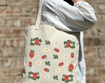 Strawberry Floral Tote Bag, Cute Tote Bag, Shoulder Bag, Aesthetic Bag, Casual Canvas Tote, Gift For Women, Tote Bag, Strawberry Lover Tote