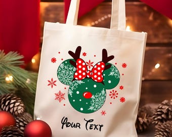 Bolsa de mano personalizada con diseño de Mickey y Minnie, bolsa de mano con luces navideñas de Disney, bolsa de mano navideña de Disney, bolsa de mano de regalo de Navidad de Disney