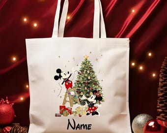 Bolsa de mano con diseño de árbol de Navidad de Mickey y Minnie, bolsa de mano con diseño de árbol de Navidad de Disney, bolsa de mano navideña de Disney, bolsa de mano para regalo de Navidad de Disney