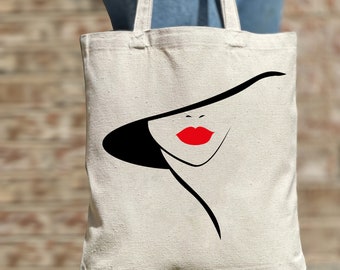 Woman Red Lip With Hat Tote Bag, Woman Tote Bag, Shoulder Bag