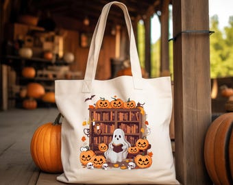 Bolsa de biblioteca assustadora de Halloween, bolsa de Halloween com leitor fantasma, bolsa de livros, bolsas de doces, presente de Halloween, bolsa de fantasma fofa