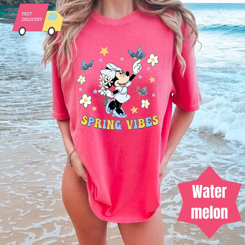 Pode incluir: Camiseta rosa com um gr&aacute;fico de Minnie Mouse segurando uma flor e borboletas. O texto "SPRING VIBES" &eacute; impresso abaixo do gr&aacute;fico.
