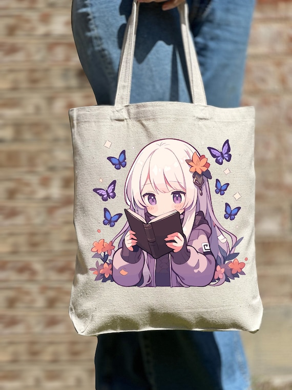 Anime Girl Tote Bag, Bookish Tote Bag,Bookish Gift Idea, Book Lover Gift Idea, Floral Tote Bag, Cute Bag,Aesthetic Bag, Casual Canvas Tote