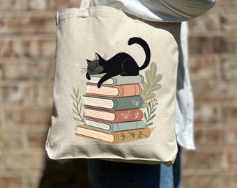 Cat and Books Tote Bag, Book Cat Lover Tote Bag, Shoulder Bag, Coffee Lover Tote,Aesthetic Bag, Casual Canvas Tote, Cute Tote Bag, Woman Bag