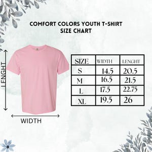 May include: Youth t-shirt size chart with measurements in inches. The chart shows the width and length of the shirt in sizes S, M, L, and XL.