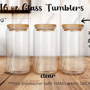 May include: Three clear glass tumblers with bamboo lids and glass straws. Each tumbler is 5.9 inches tall and 2.95 inches wide. The tumblers are hand wash only. Free glass straw included.