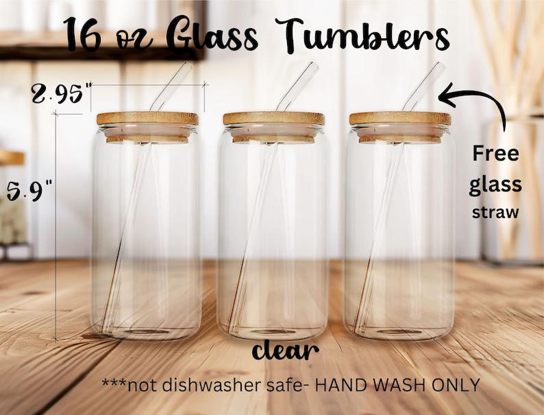 May include: Three clear glass tumblers with bamboo lids and glass straws. Each tumbler is 5.9 inches tall and 2.95 inches wide. The tumblers are hand wash only. Free glass straw included.