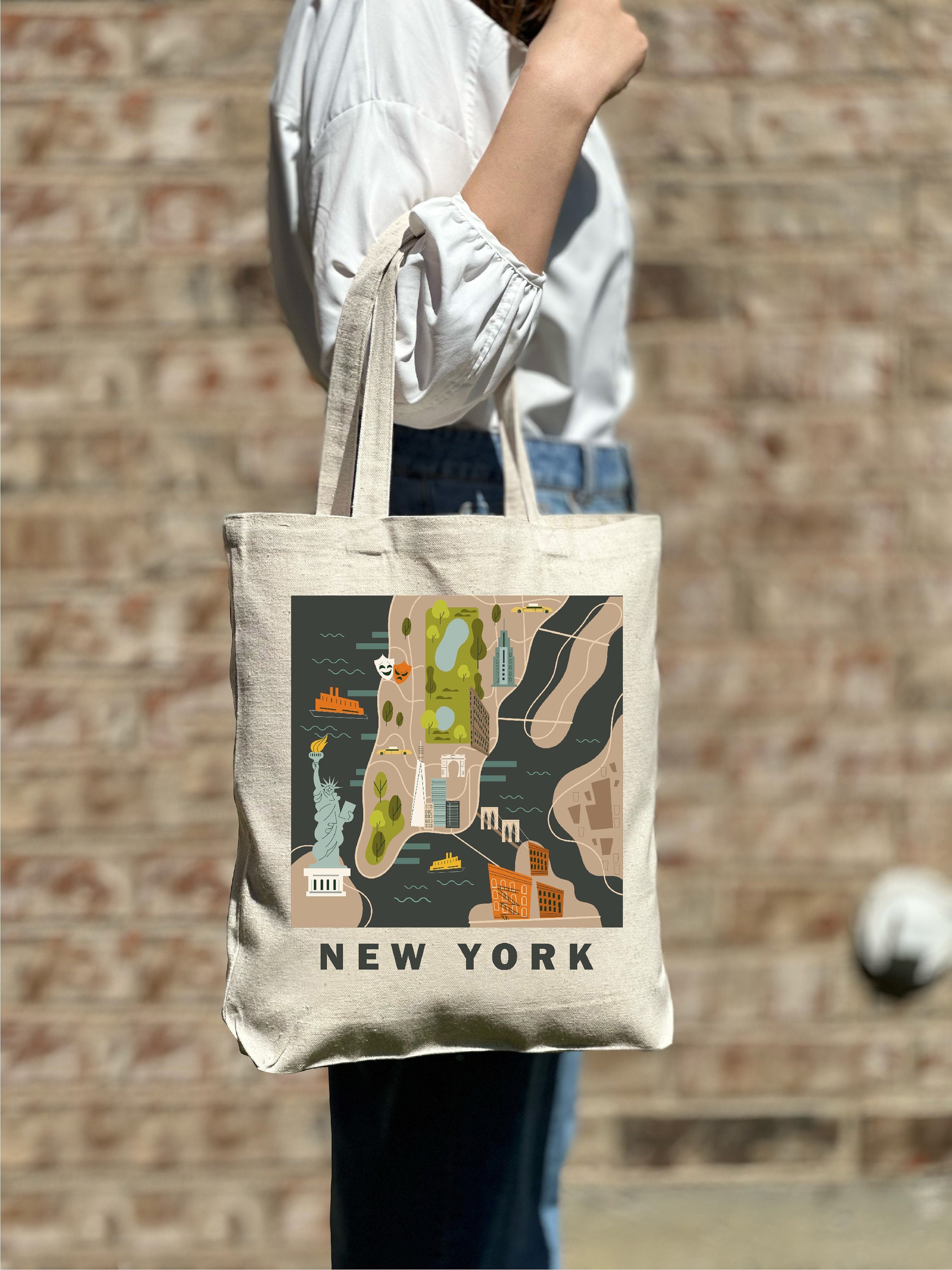 Grande Borsa Shopping New York - Stile Vintage Di Lusso, In Policotone 340g/m², 38x42 Cm, Prodotta In Francia