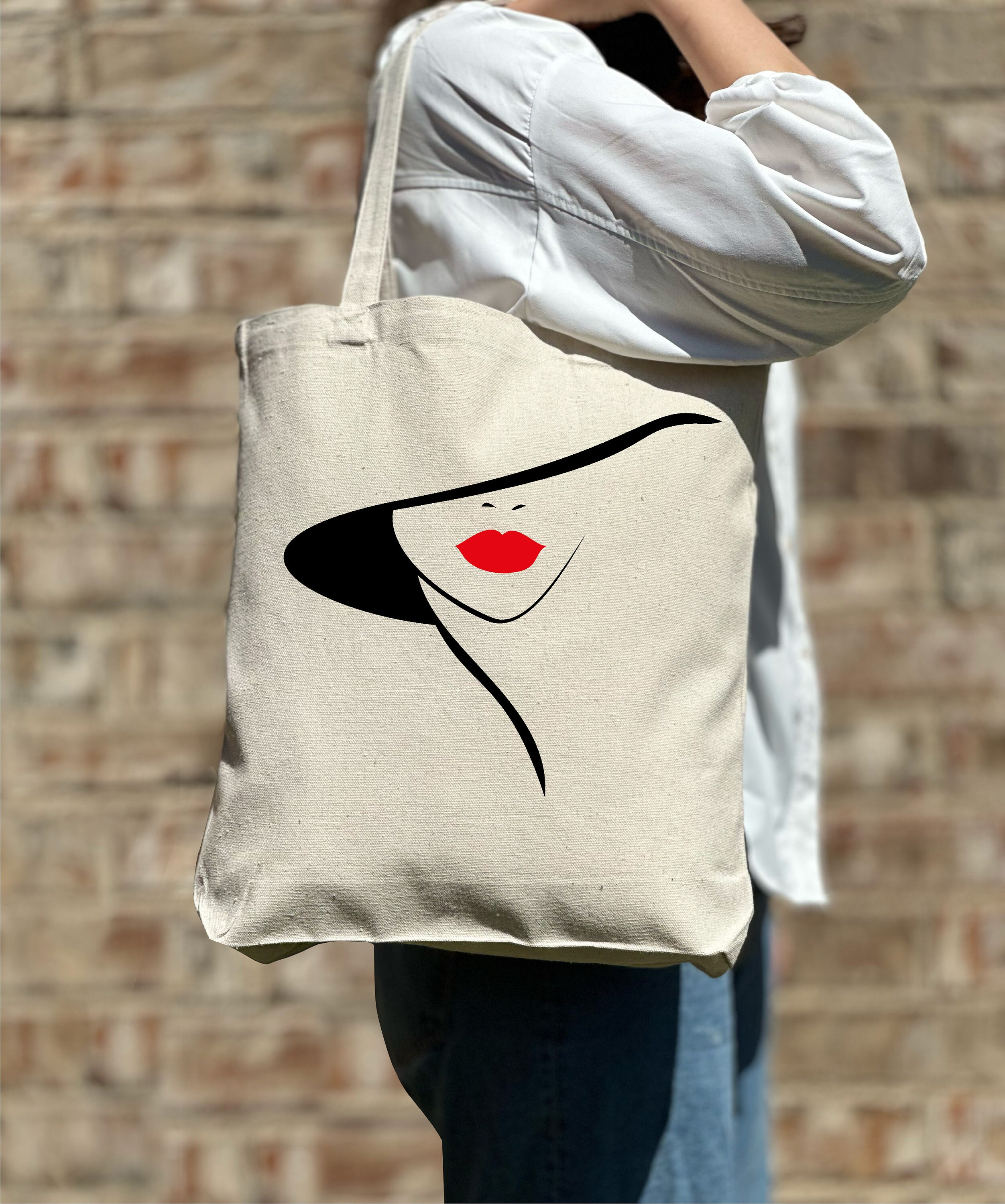 Woman Red Lip With Hat Tote Bag, Woman Tote Bag, Shoulder Bag