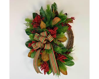 Handmade Magnolia Christmas Wreath: Grapevine Door Decor with Pine & Berries