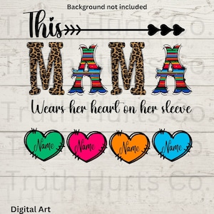 May include: This Mama wears her heart on her sleeve. The word Mama is in leopard print with a colourful striped design. There are four hearts with the word "Name" in each heart. The hearts are green, pink, orange, and blue.