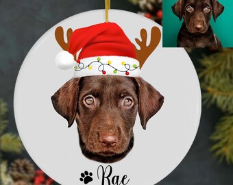 May include: A white ceramic Christmas ornament featuring a brown Labrador Retriever wearing a red Santa hat with white trim and a string of lights. The dog's name, "Rae", is written in black below the dog's image.
