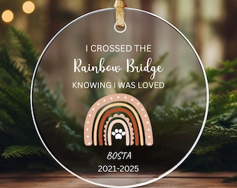 Adorno de vidrio conmemorativo para mascotas, cruzó el Puente del Arcoíris, regalo de duelo por una mascota, regalo conmemorativo para perros y gatos, puente del arcoíris, regalo personalizado para la pérdida de una mascota.