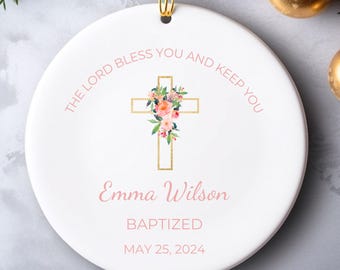Adorno de bautismo personalizado, regalo de recuerdo de bautizo personalizado, dedicación de bebé, cruz floral, regalo de Dios bendiga ahijada, regalo de padrino