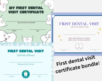 Paquete de certificado de primera visita dental para niños, DESCARGA DIGITAL Premio imprimible, Premio para niños por valentía en el dentista