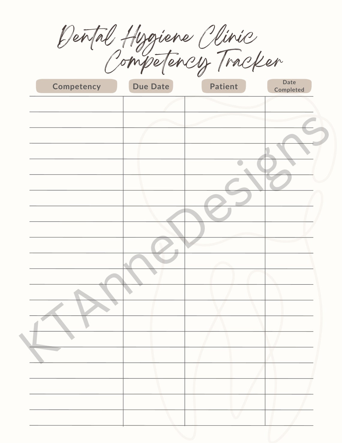 Dental Hygiene Clinic Tracker DIGITAL DOWNLOAD, School Competency
