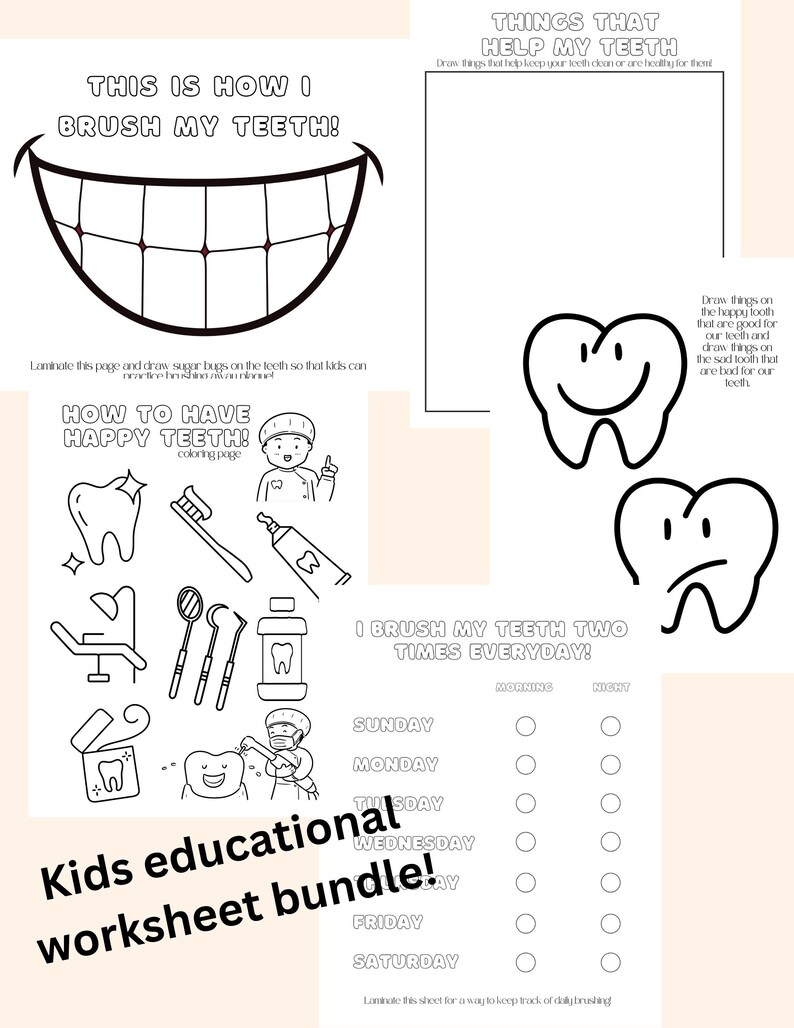 Children's Dental Educational Worksheet Prints, DIGITAL DOWNLOADS