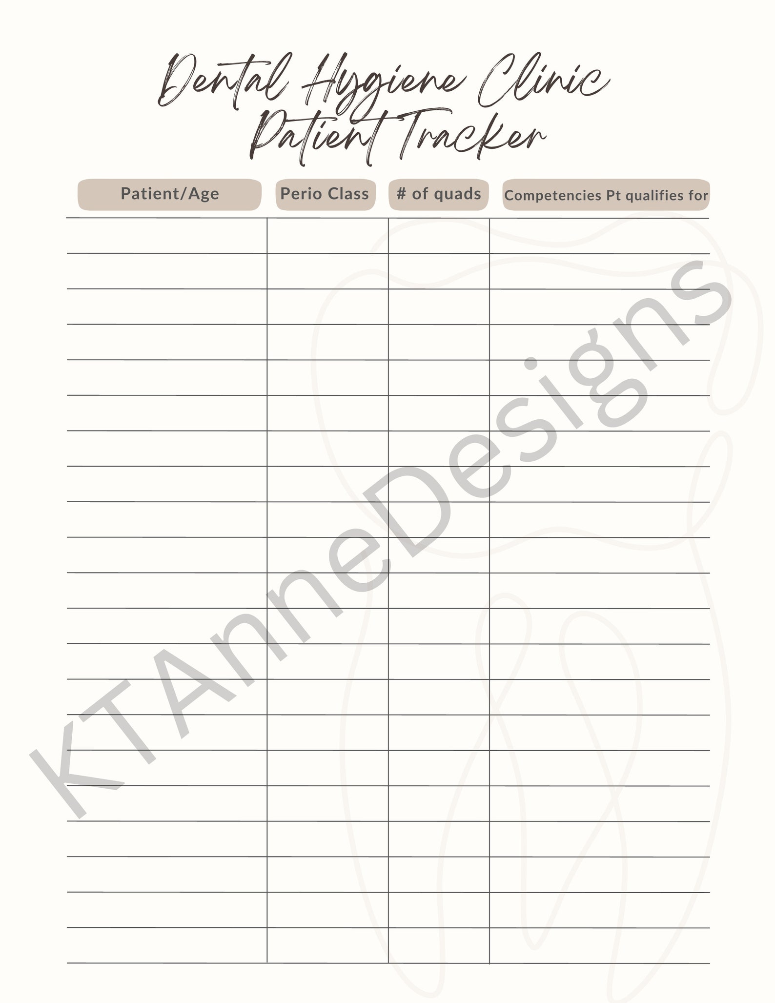 Dental Hygiene Clinic Tracker DIGITAL DOWNLOAD, School Competency
