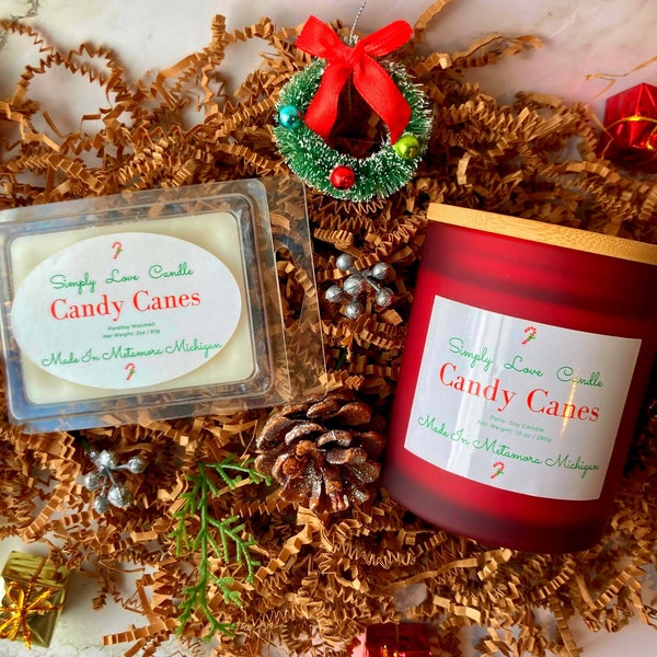 Candy Cane candle and wax melt gift set, Peppermint scented gift for best friend mom or sister, Heart shaped wax tart and 10 oz candle