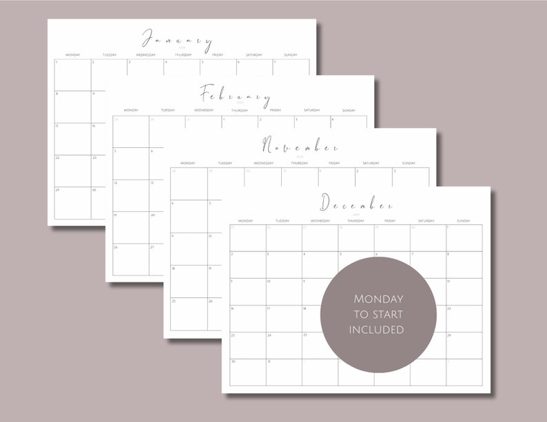 2024 Monthly Calendar Cursive Printable Calendar Pages Landscape