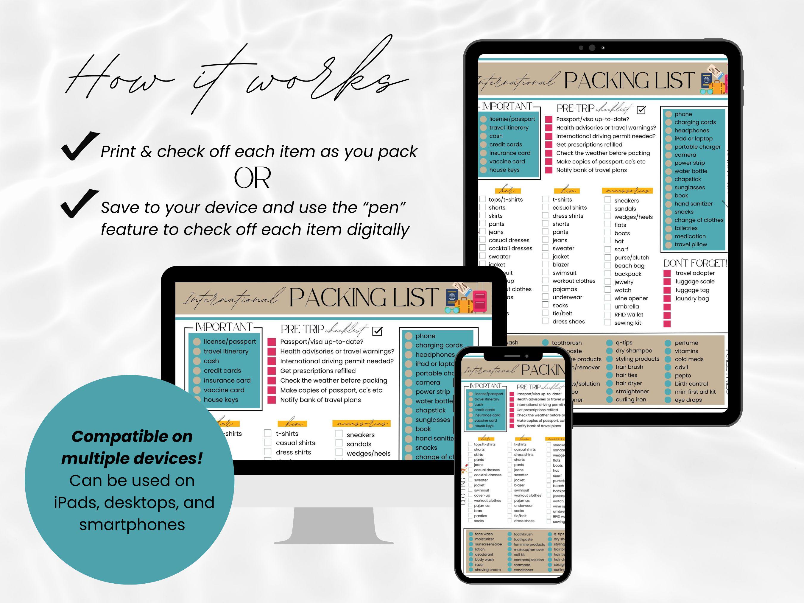 International Travel Packing List Template | Europe Packing List PDF ...