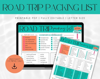 Road Trip Packing List: Editable Travel Planner (PDF Printable)