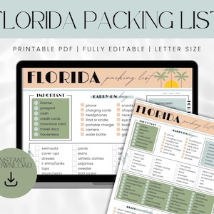 Elenco di cose da mettere in valigia per la Florida PDF stampabile / Elenco di controllo per il viaggio in Florida / Elenco di controllo modificabile per le vacanze / Pianificatore di viaggio in Florida / Elementi essenziali per il viaggio