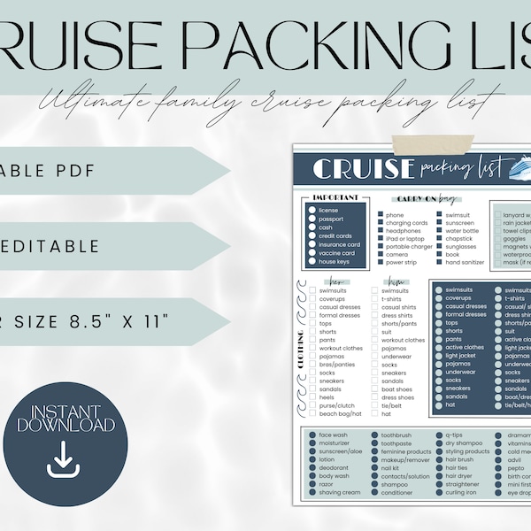 Family cruise packing list template | Printable packing list for cruise | Editable cruise packing list printable | Cruise essentials
