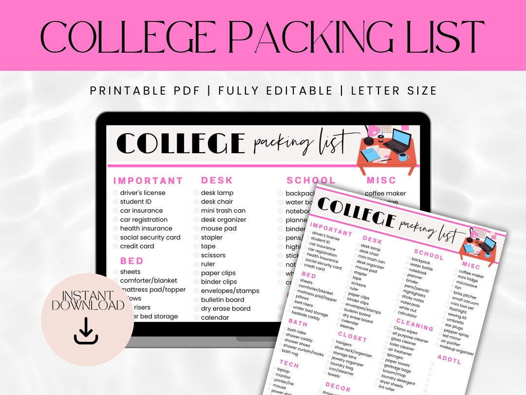 Dorm Packing List Template | Printable Packing List for Dorm | College ...