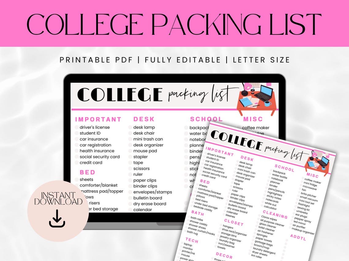 Dorm Packing List Template: Editable College Checklist (PDF Printable ...