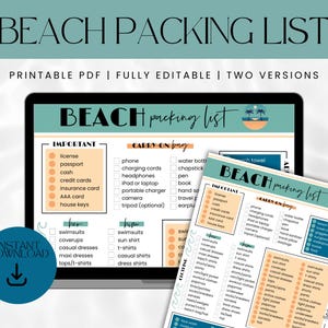 Beach packing list template | Packing checklist | Travel packing list PDF | Trip planner | Travel checklist | Editable checklist