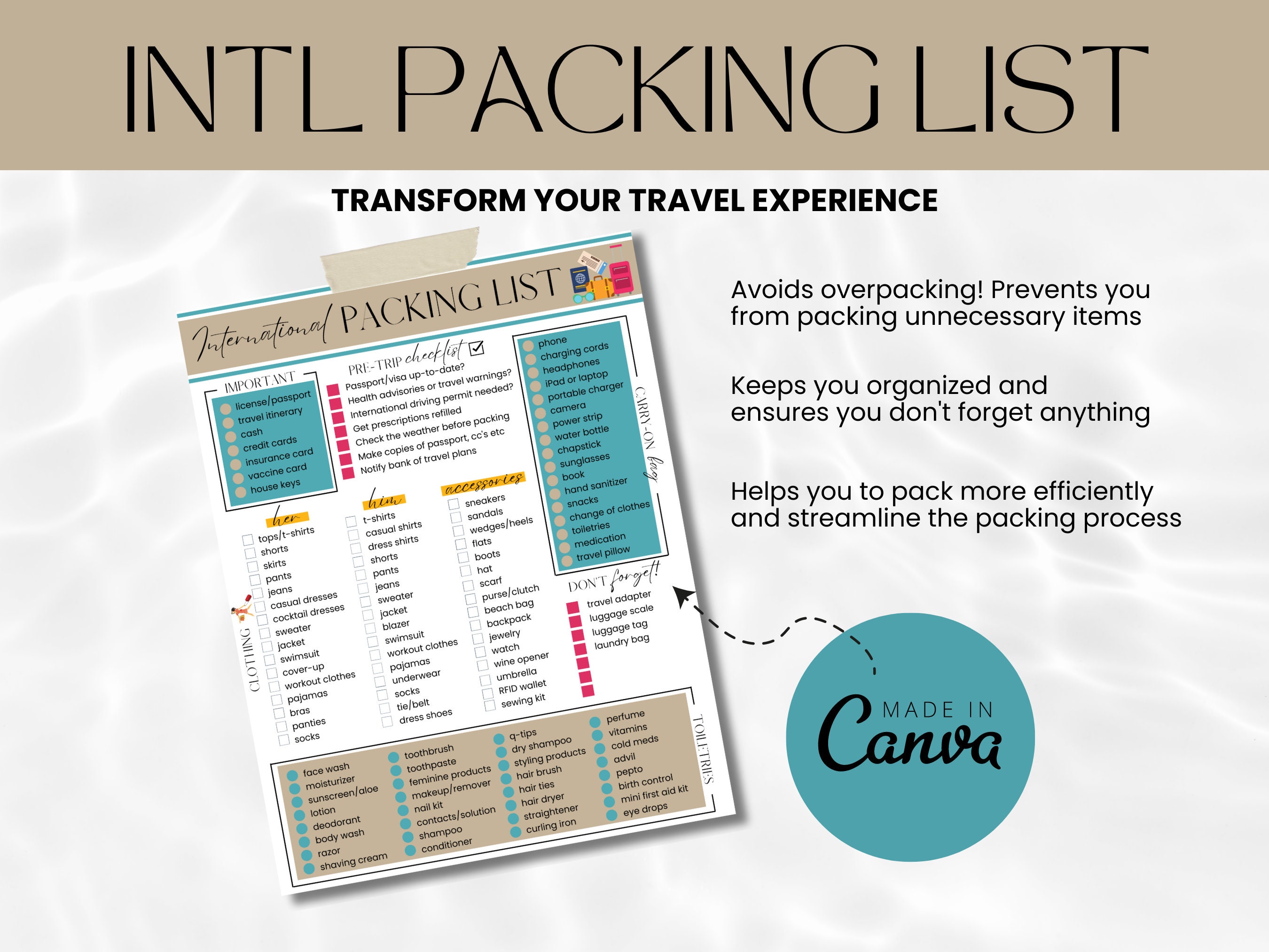 International Travel Packing List Template Printable Packing List for ...