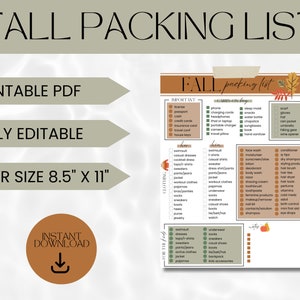 Vorlage für die Herbst-Packliste | Herbst Packliste PDF | Checkliste verpacken | Checkliste für die Reise | Reiseplaner | Bearbeitbare Checkliste