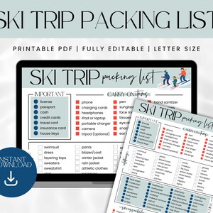 Editable skiing packing checklist | Ski trip packing list PDF | Winter travel checklist | What to pack for a ski trip | Ski packing list