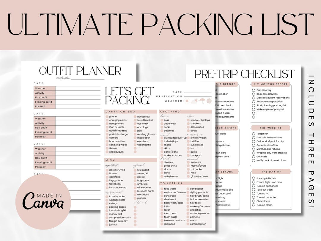 Repacking Bundle Design Editable Travel Packing List Bundle: Vacation Trip Planner (PDF ...