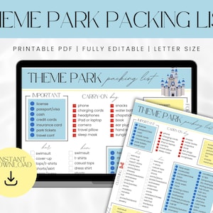 Può includere: Un elenco di controllo digitale per parchi a tema visualizzato su un laptop e un foglio stampato. L'elenco include categorie come "Importante" e "Bagaglio a mano" con elementi come licenza, telefono e snack. Le parole "Theme Park Packing List" sono in alto.