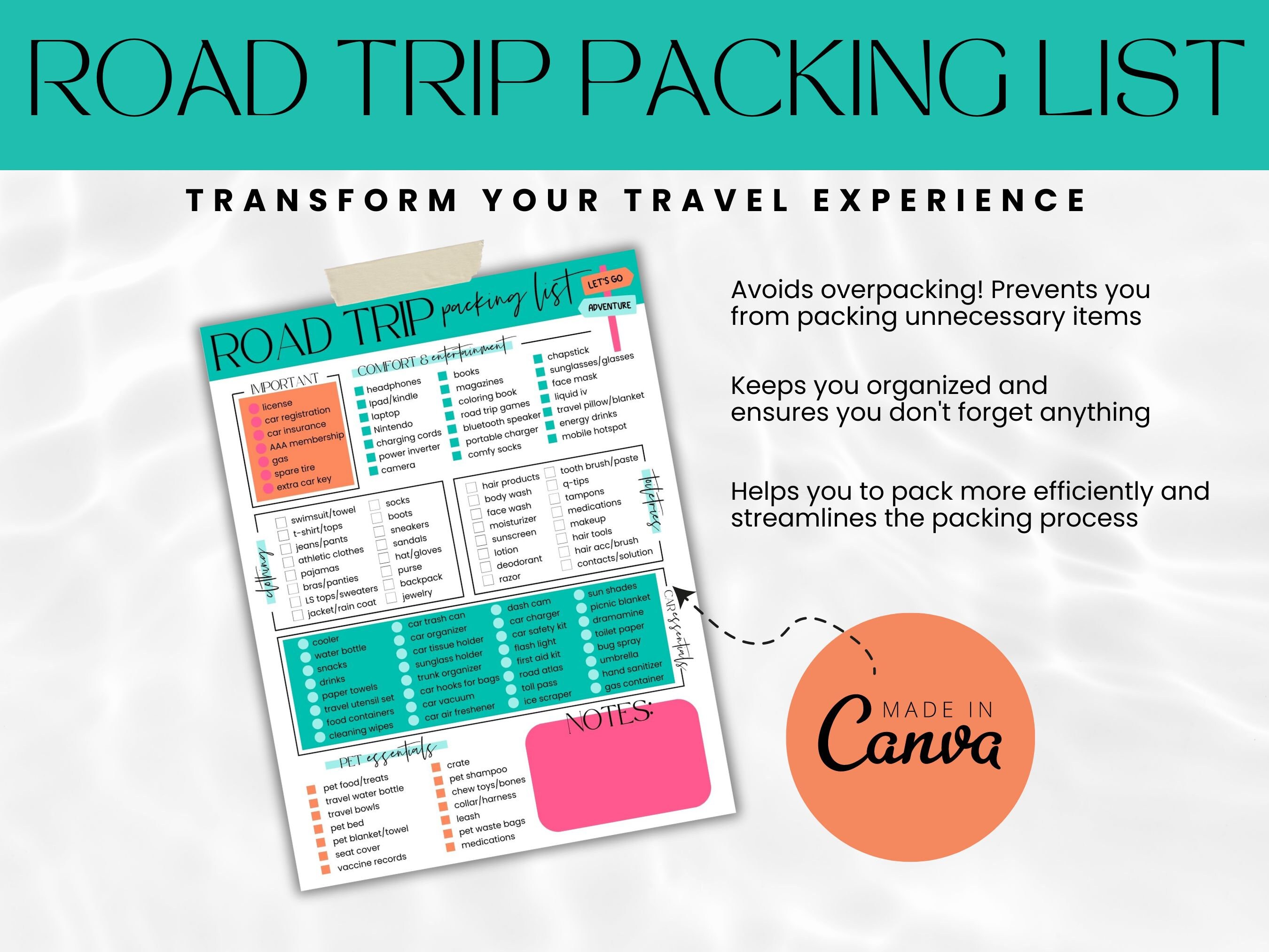 Road Trip Packing Checklist Road Trip Essentials Packing List Vacation ...