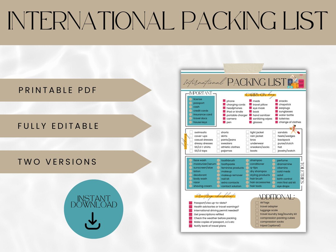 International Travel Packing List Template Europe Packing List PDF ...