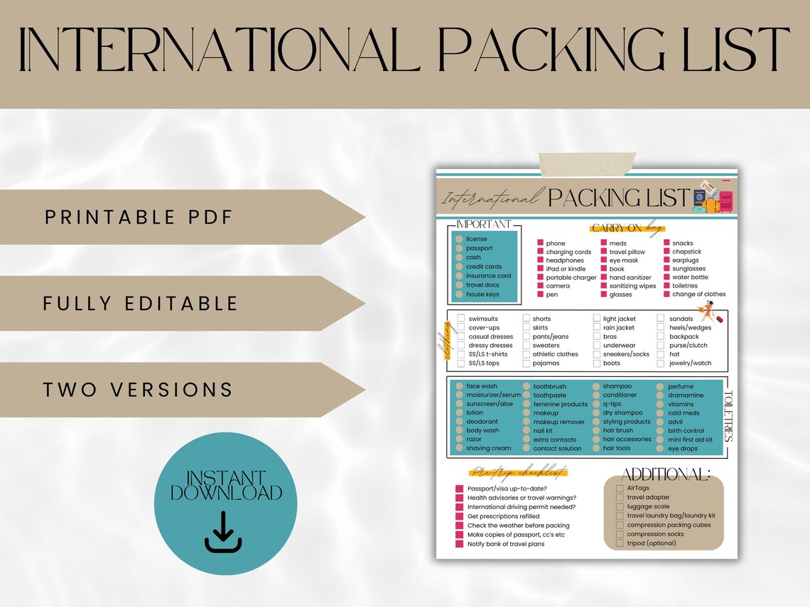 International Travel Packing List Template Europe Packing List PDF Editable Packing Checklist ...
