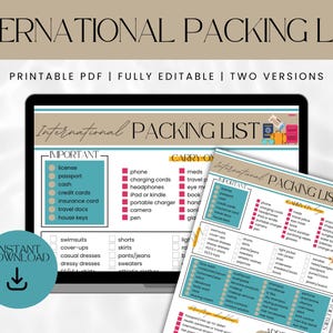 International travel packing list template | Europe packing list PDF | Editable packing checklist | International travel checklist