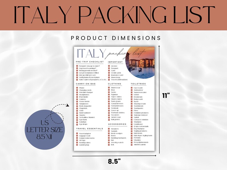 Italy Packing List Template: Europe Travel Checklist (PDF Printable) - Etsy