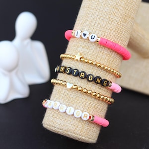Personalized Breast Cancer Bracelet | Pink Heishi Beads & Empowering Message Bracelet | Custom Breast Cancer Bracelet | Awareness Bracelet