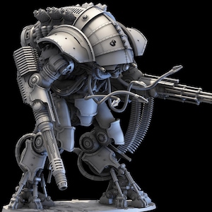 May include: A detailed, gray-toned illustration of a mechanical war machine. The robot-like figure features a large, armored head and torso, with articulated limbs and a multi-barreled gun. The design suggests a science fiction or fantasy theme.