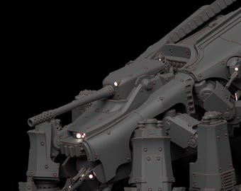 May include: A gray, futuristic war machine with a large cannon and multiple articulated legs. The design features rivets, panels, and glowing lights, suggesting a mechanical or robotic theme. The overall aesthetic is industrial and detailed.