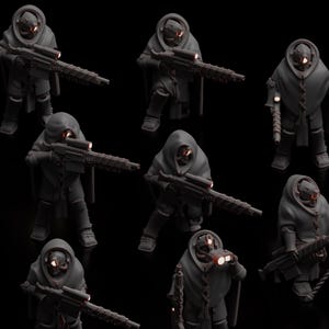 Peut inclure: Plusieurs figurines miniatures grises foncées, chacune avec une cape à capuche et des yeux rouges brillants. Certaines figurines tiennent des fusils, tandis que d'autres portent des bâtons ou d'autres équipements futuristes. Les figurines sont sur fond noir.