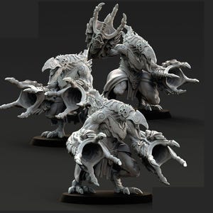 May include: A collection of detailed, gray fantasy miniatures. The figures have a bird-like appearance with large claws and intricate armor. They are posed in a dynamic, crouching stance, suitable for tabletop gaming or display.