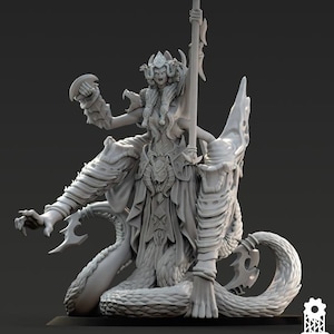 May include: A detailed, gray miniature figure of a fantasy character. The figure has a serpent-like lower body and is adorned with ornate armor and a tall staff. The figure is seated on a throne-like structure. The text "ONE PAGE RULES" is in the upper left.